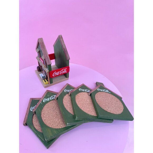 Coca-Cola Miniature Wooden Collectible Coaster Set Building Village Town - Picture 6 of 7